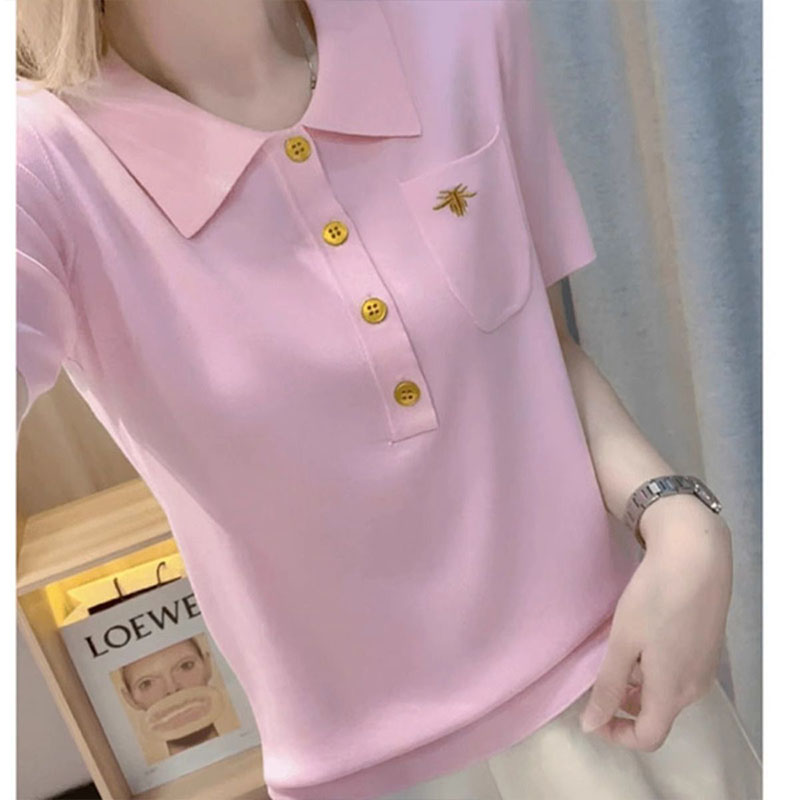 Summer Clothing Young Women - Damenbekleidung T-Shirt im jungen Stil, Sommer-Stickerei-Strick-Kurzarm-T-Shirt