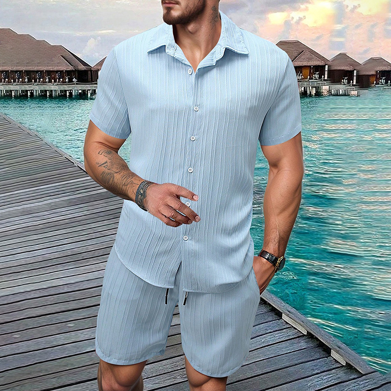 Summer Clothing Essentials - 2026 Neues Herren-Set: Vertikal geknittertes Revers-Kurzarmhemd