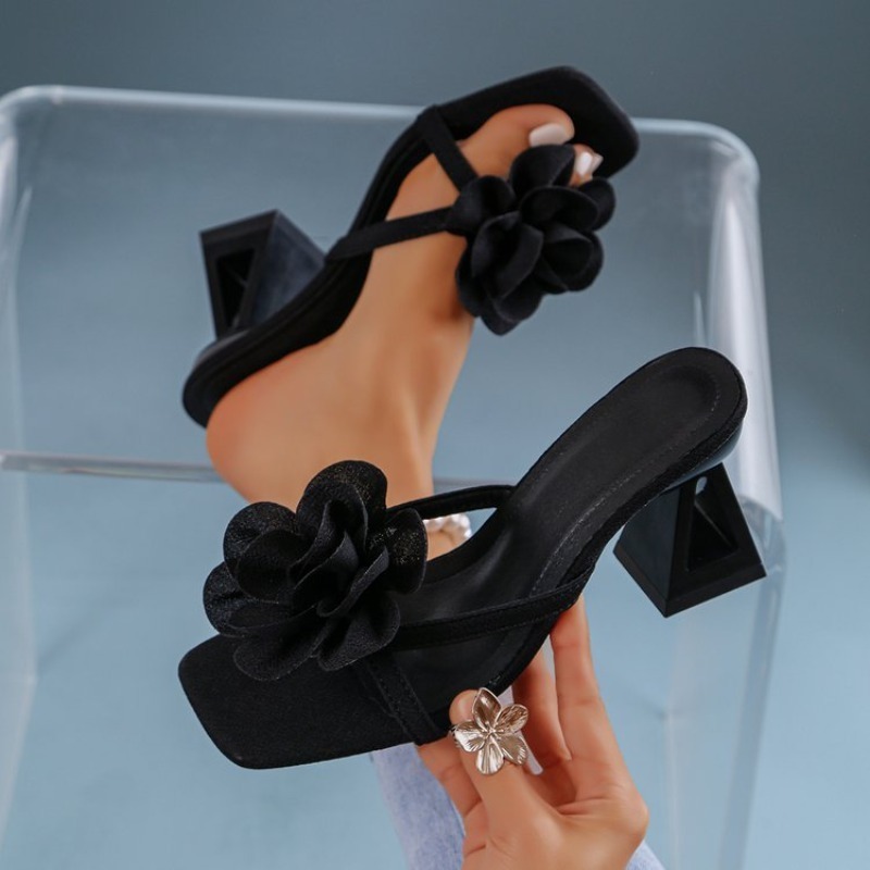 Summer Clothing Fabric - Damen-Sandalen mit 3D-Blumendekor, dreieckiger Ausschnitt, High-Heel-Sandalen,